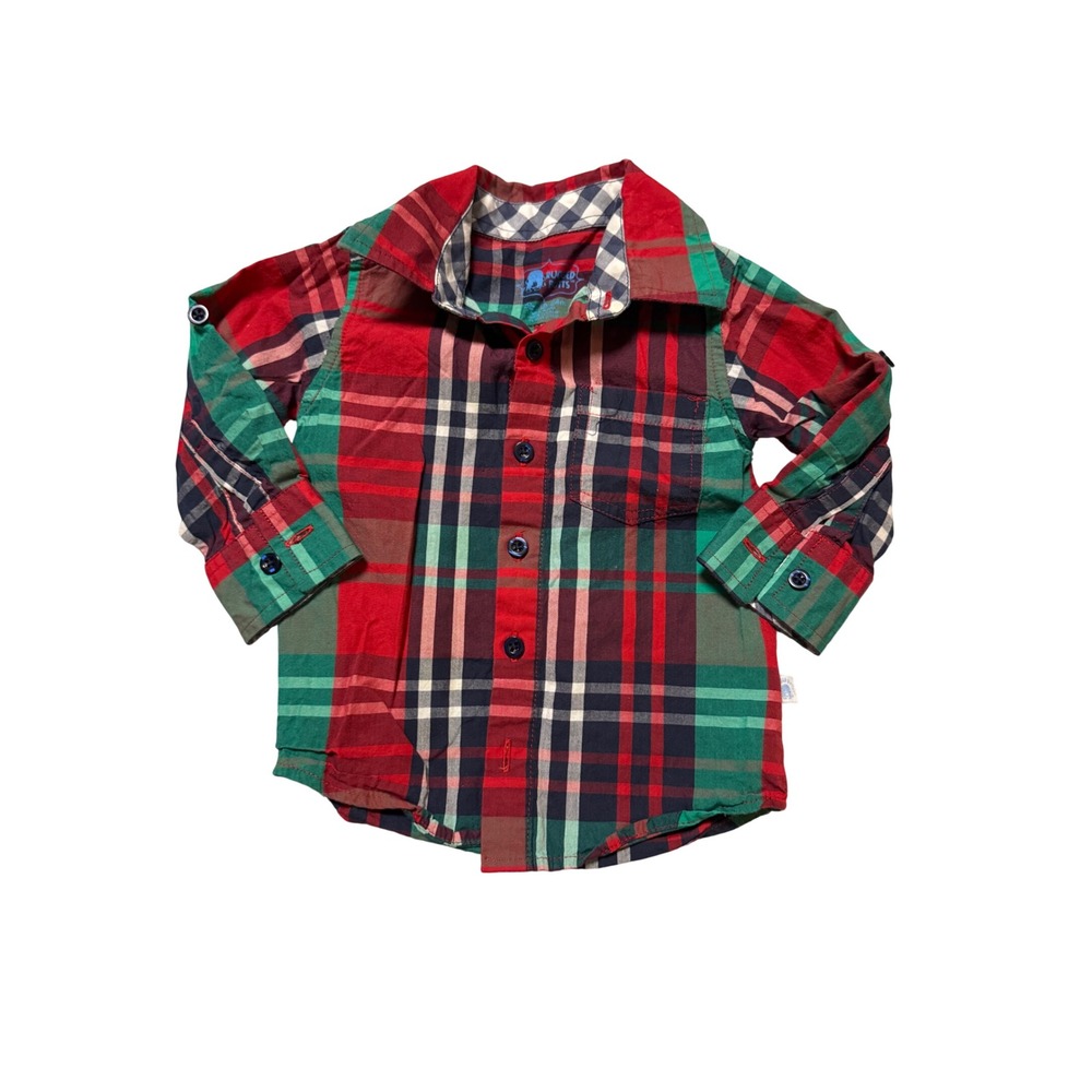 Rugged Butts Size 18-24M Baby Blue Long Sleeve Plaid Button Up Red Green Cotton